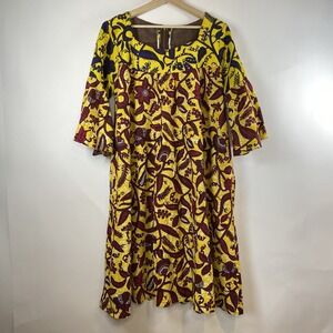 Handmade Women's African Cotton Style Dress XL Yellow Floral Flare Short Sleeve